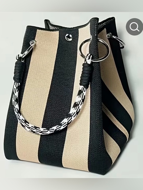 Handbags - Striped Black and Beige Bucket Tote - Women Bags